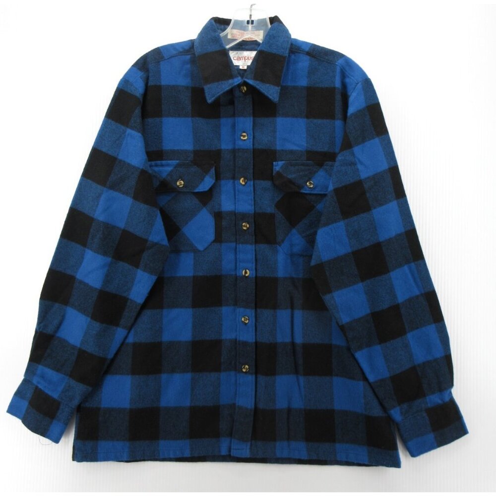 VINTAGE Campus Shirt Medium Blue Flannel Buffalo Plaid Button Up 90s